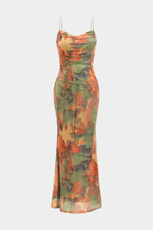 Tie Dye Print Ruched Tie Front Zipper Slip Maxi Dress