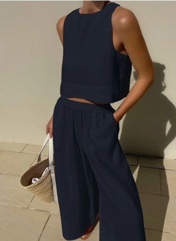 Women's Two-Piece Set | Sleeveless Top &amp; Wide-Leg Pants | Summer Outfit