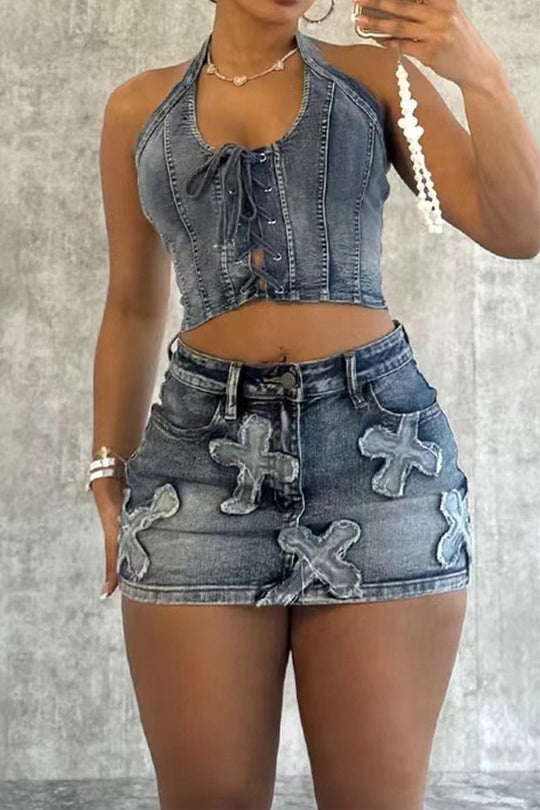 Denim Halter Top with Bow Detail and Mini Skirt Set