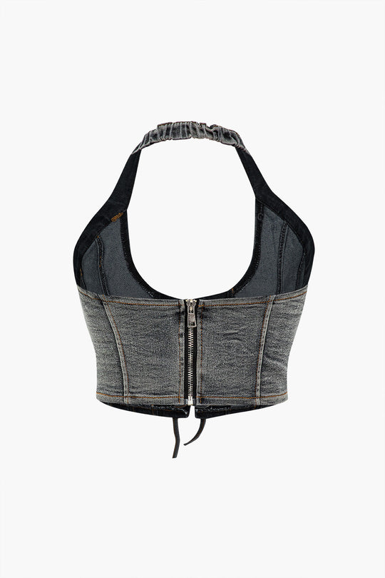 Denim Halter Top with Bow Detail and Mini Skirt Set