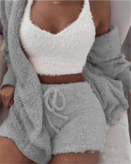 Women's 3-Piece Knitted Set | Hooded Cardigan | Top &amp; Shorts
