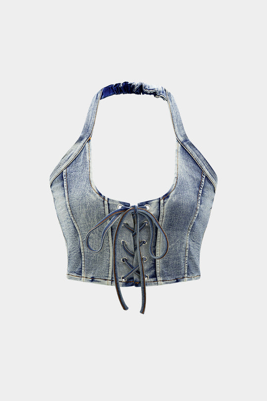 Denim Halter Top with Bow Detail and Mini Skirt Set