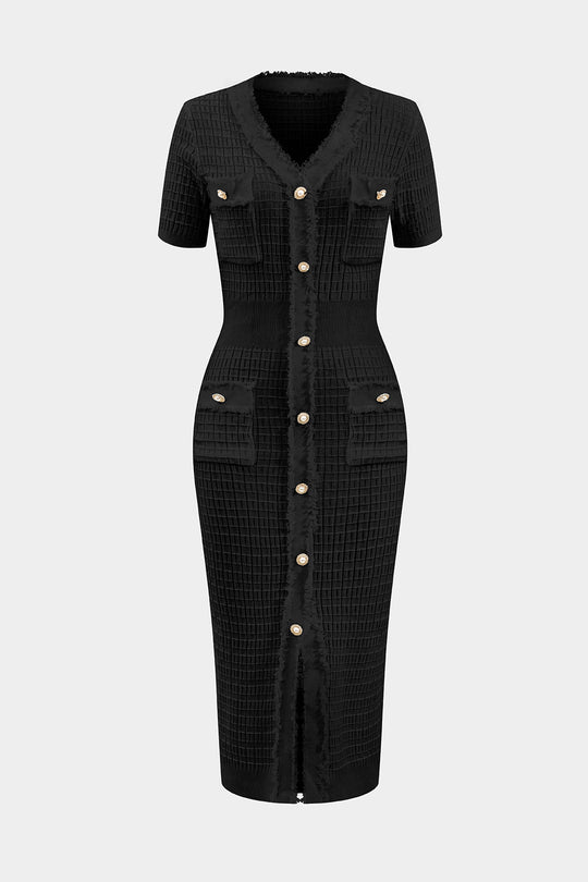 Gebreide V-hals Knop Korte Mouw Jurk