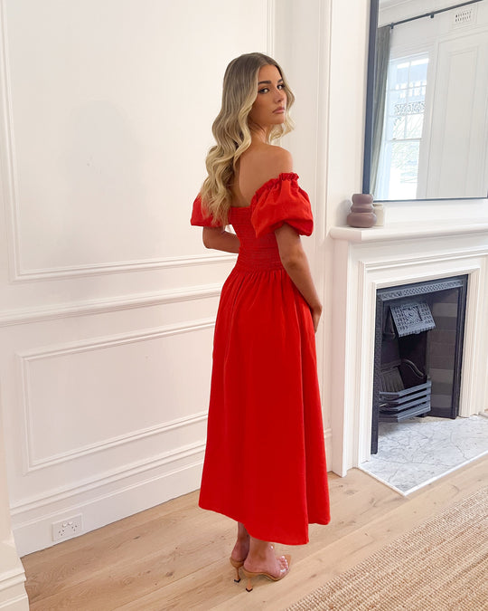 Dames | Anvika Jurk | Rood | Off-Shoulder Mouwen | Sweetheart Halslijn | Maxi Lengte