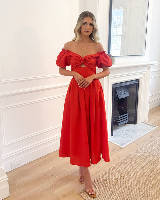 Dames | Anvika Jurk | Rood | Off-Shoulder Mouwen | Sweetheart Halslijn | Maxi Lengte