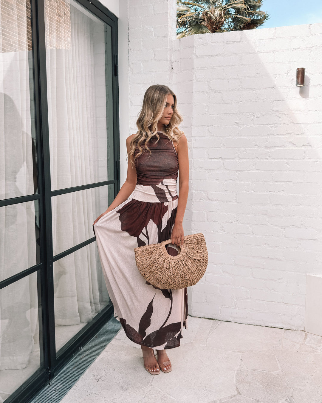 Dames | Balayage Jurk | Crème Bloemig | Bootnek | Gerimpelde Details | Maxi Lengte