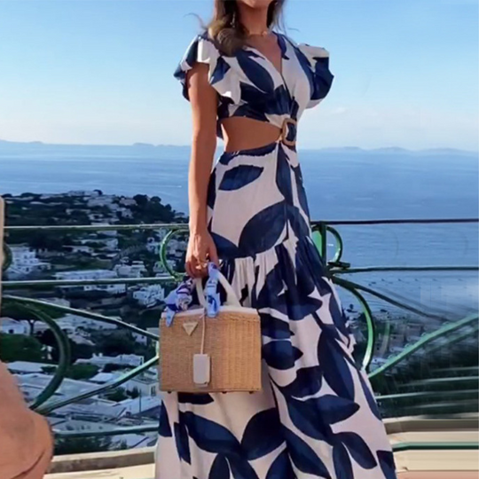 Stijlvolle Maxi Jurk met Elegante V-Hals en Rugloos Ontwerp – Perfect voor Zomeravonden