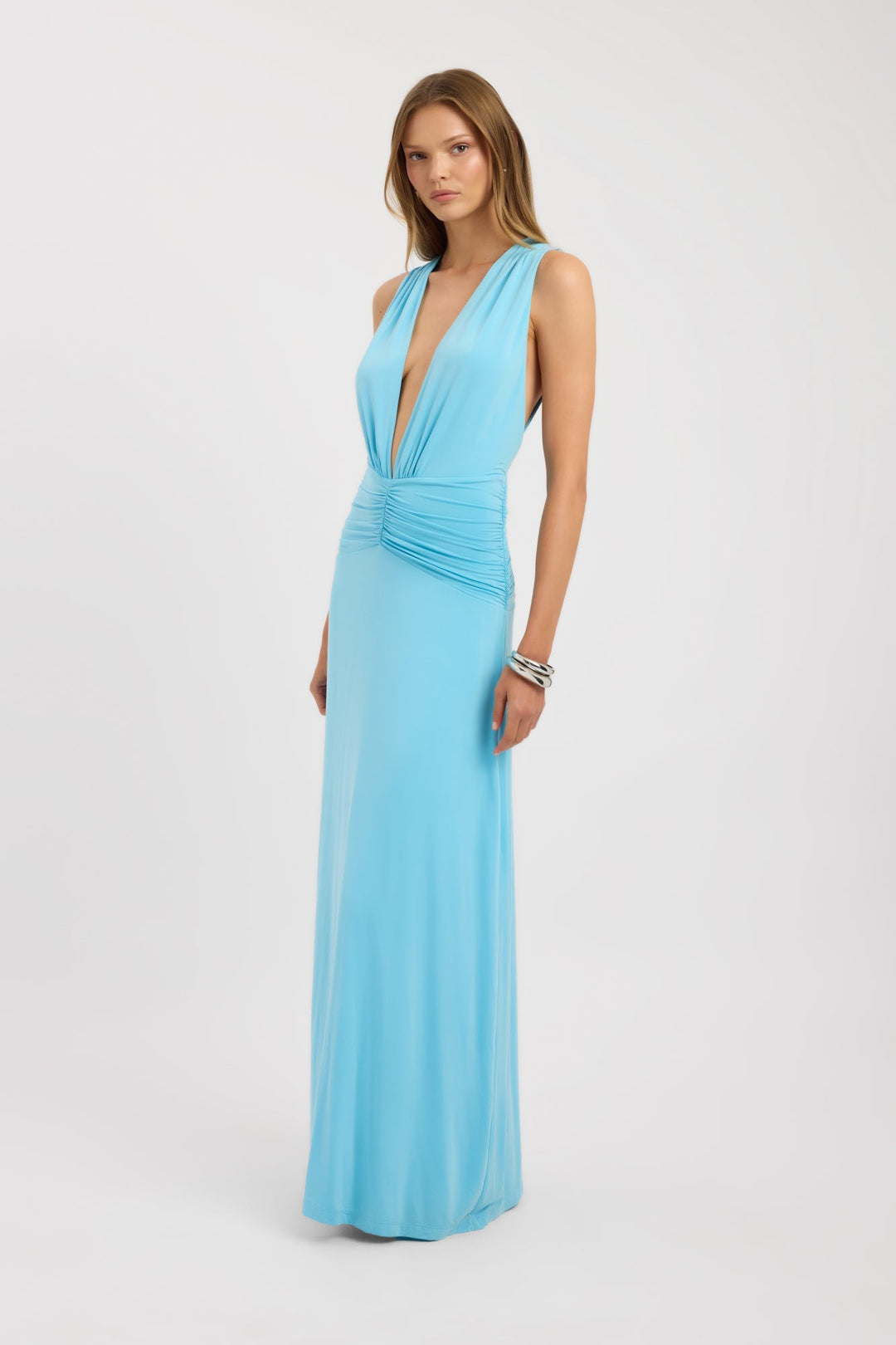 Women's | Maxi Dress | Deep Neckline | Sleeveless | Ruffled Waist | Elegant | Stylish