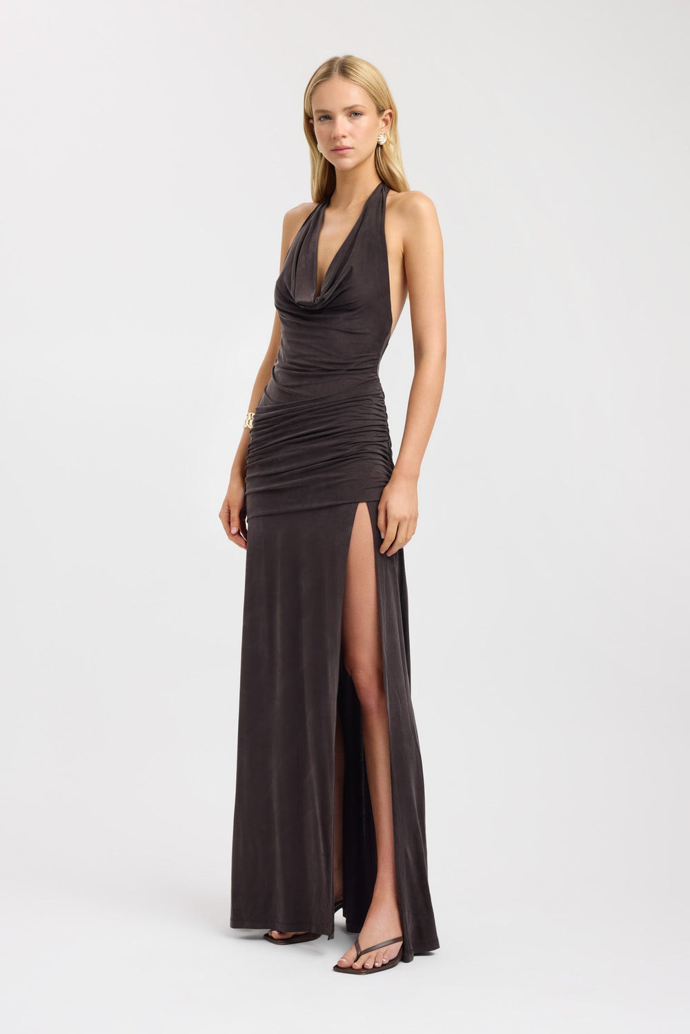 Women's | Maxi Dress | Halter Back | Draped Neckline | Ruffled Hip Detail | Straight Skirt