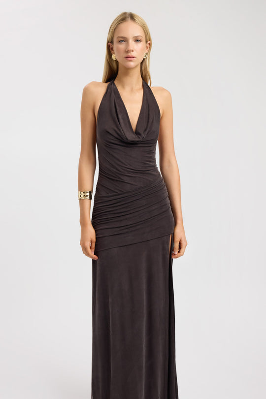 Women's | Maxi Dress | Halter Back | Draped Neckline | Ruffled Hip Detail | Straight Skirt