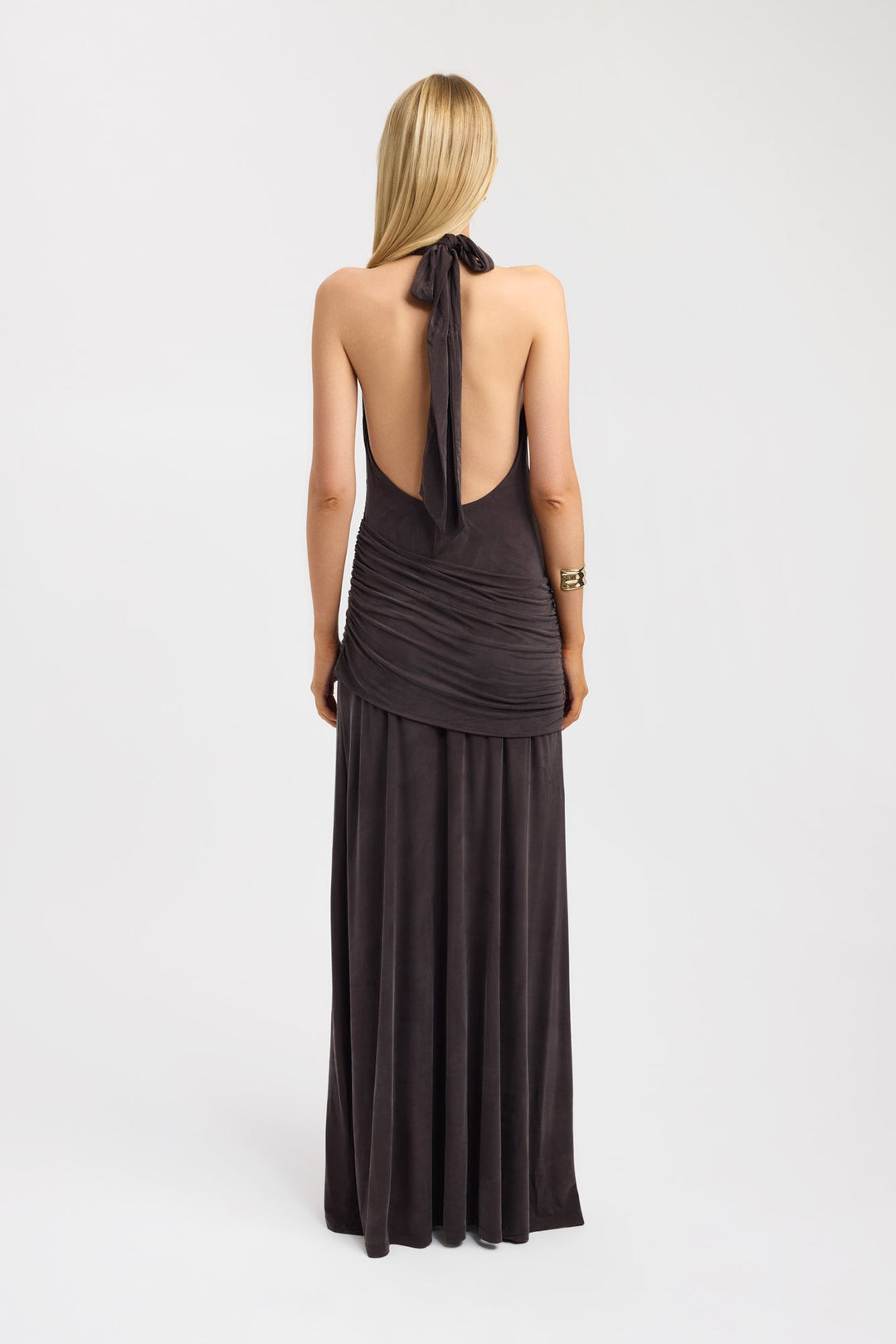 Women's | Maxi Dress | Halter Back | Draped Neckline | Ruffled Hip Detail | Straight Skirt