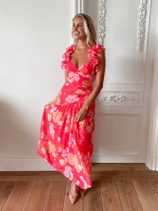 Dames | Emmaline Jurk | Oranje Bloem | Franje Schouder | Lage V-Hals | Maxi Lengte
