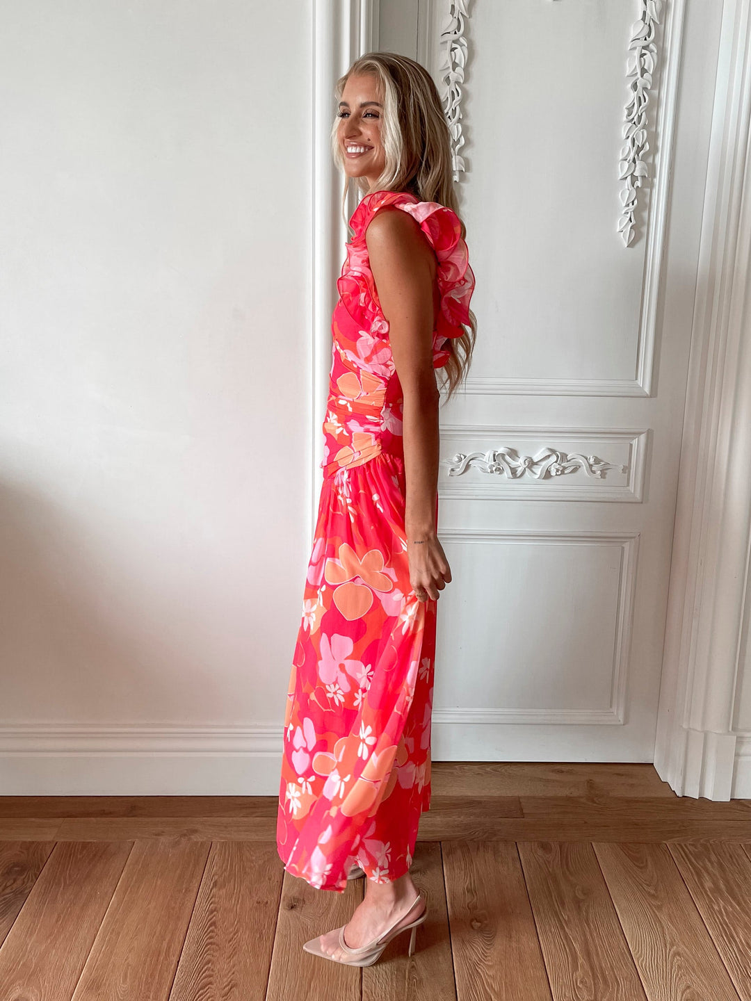 Dames | Emmaline Jurk | Oranje Bloem | Franje Schouder | Lage V-Hals | Maxi Lengte