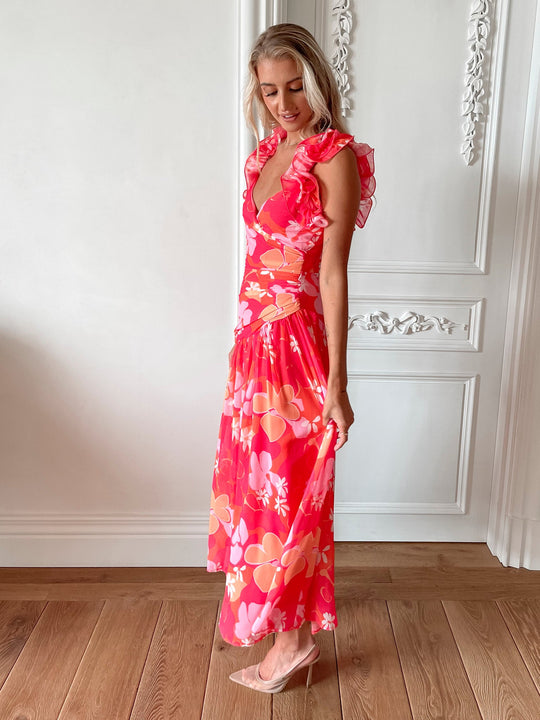 Dames | Emmaline Jurk | Oranje Bloem | Franje Schouder | Lage V-Hals | Maxi Lengte