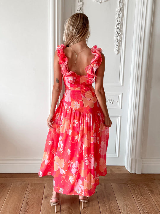 Dames | Emmaline Jurk | Oranje Bloem | Franje Schouder | Lage V-Hals | Maxi Lengte
