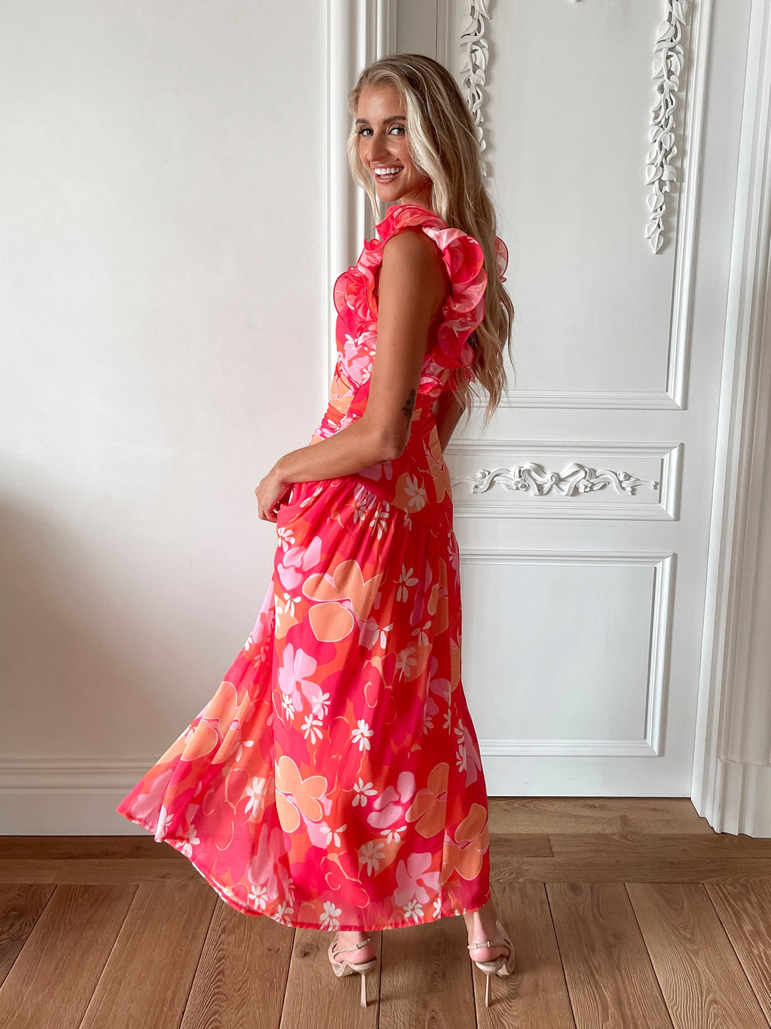 Dames | Emmaline Jurk | Oranje Bloem | Franje Schouder | Lage V-Hals | Maxi Lengte
