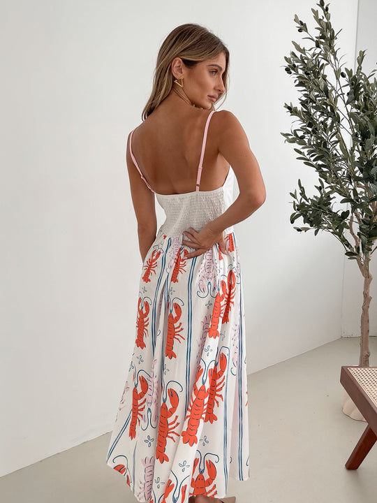 Dames | Evania Jurk | Witte Print | Spaghettibandjes | Ronde Halslijn | Midi Lengte