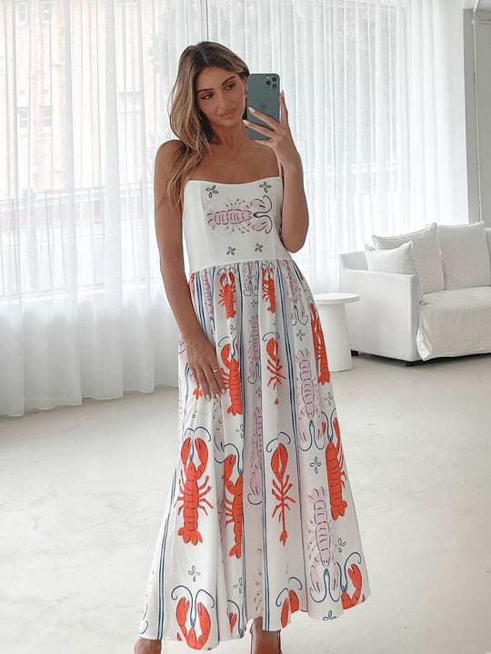 Dames | Evania Jurk | Witte Print | Spaghettibandjes | Ronde Halslijn | Midi Lengte