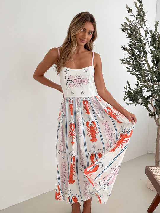 Dames | Evania Jurk | Witte Print | Spaghettibandjes | Ronde Halslijn | Midi Lengte