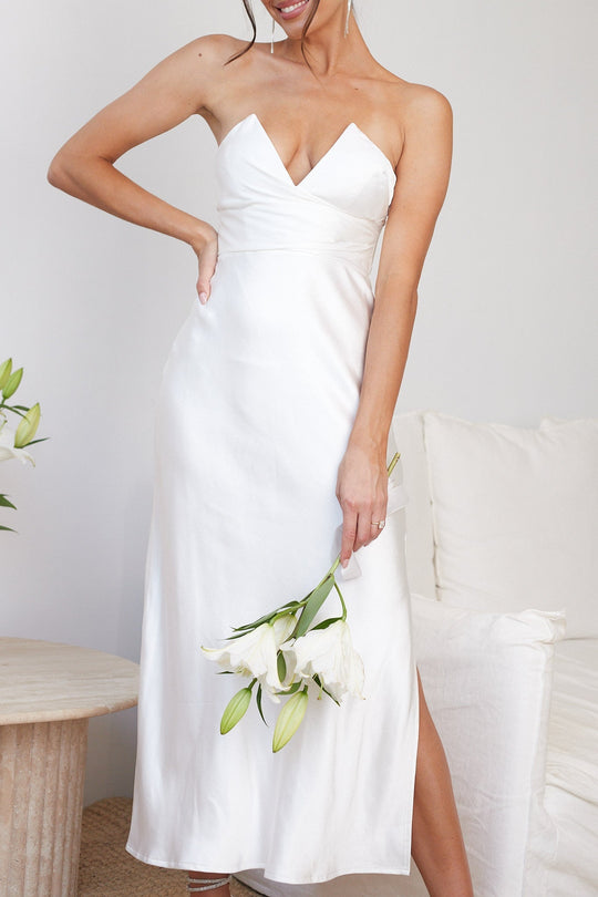 Dames | Giavanna Jurk | Wit | Strapless | Diepe V-Hals | Plooien Taille | Midi Lengte