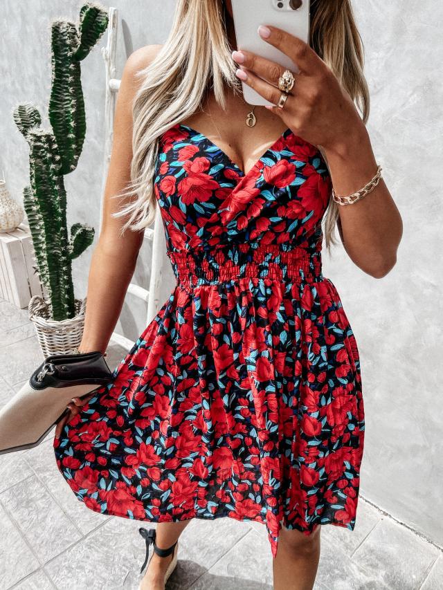 Summer floral dress with a plunging neckline and ripples
