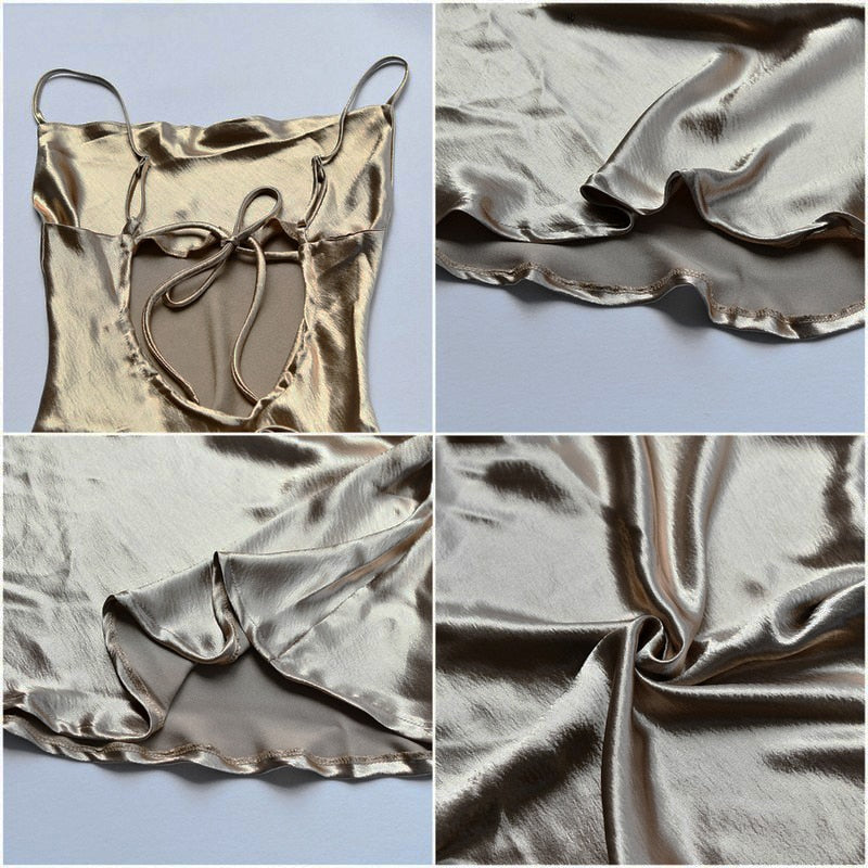 Satijnen Midi Jurk met Diepe Rugdecolleté en Delicate Bandjes