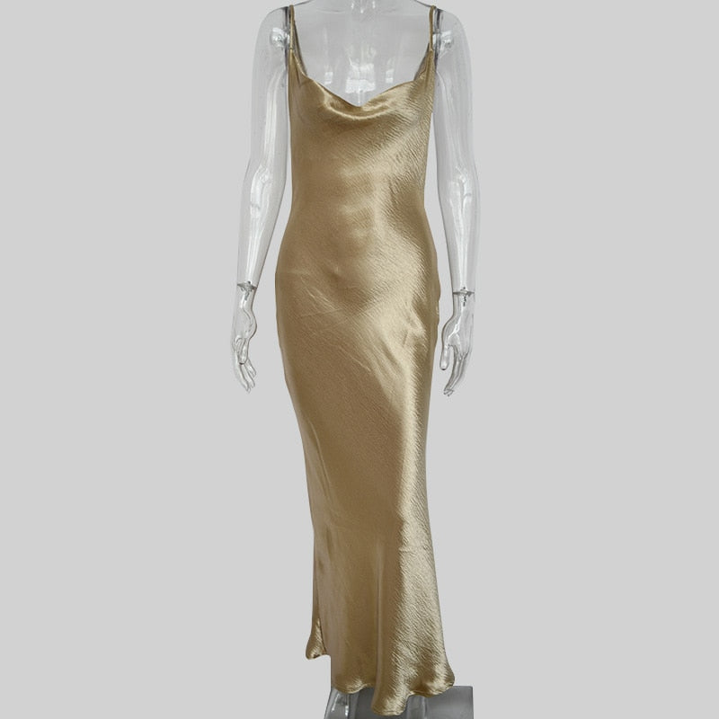 Satin Midi Dress with Plunging Back and Delicate Straps