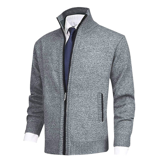 Heren Zip-Up Cardigan met Staande Kraag en Geribbelde Zoomdetails