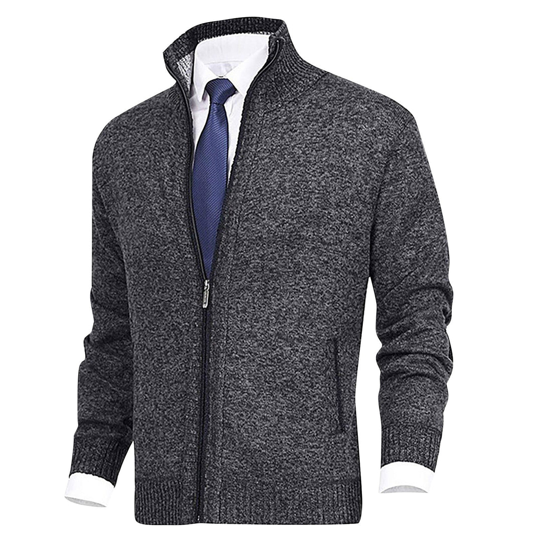 Heren Zip-Up Cardigan met Staande Kraag en Geribbelde Zoomdetails