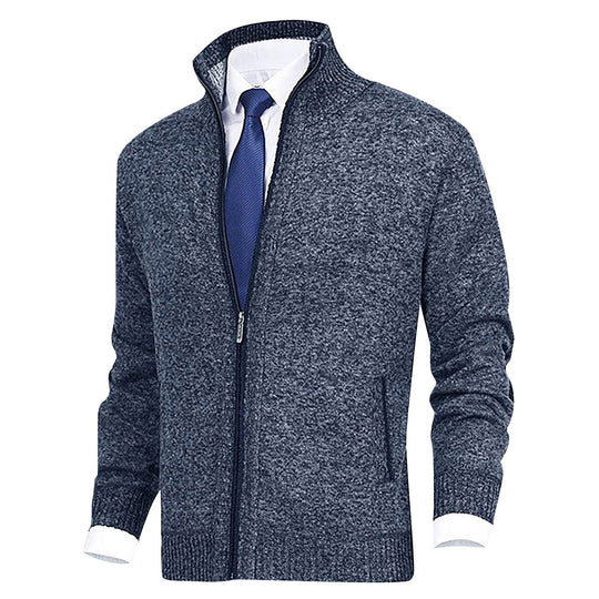 Heren Zip-Up Cardigan met Staande Kraag en Geribbelde Zoomdetails