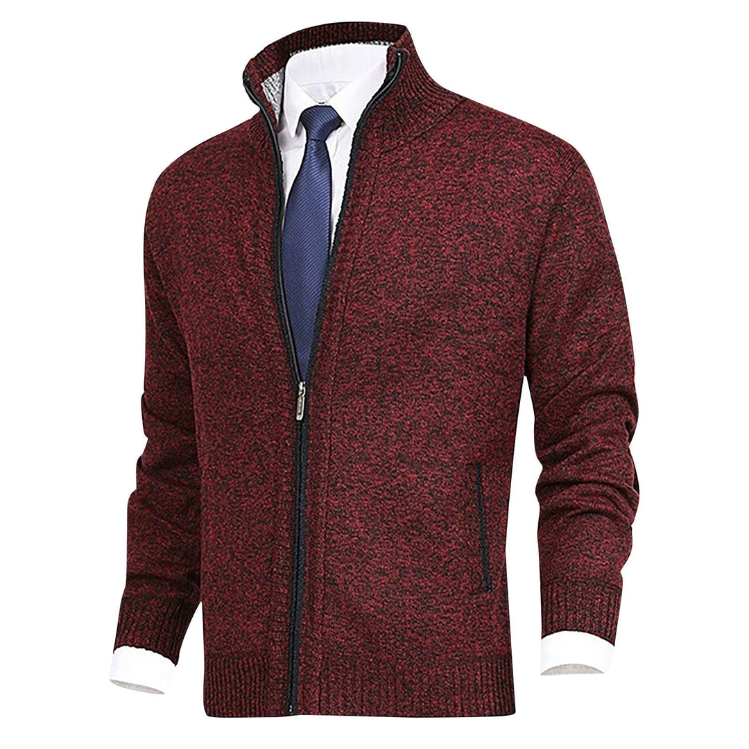 Heren Zip-Up Cardigan met Staande Kraag en Geribbelde Zoomdetails