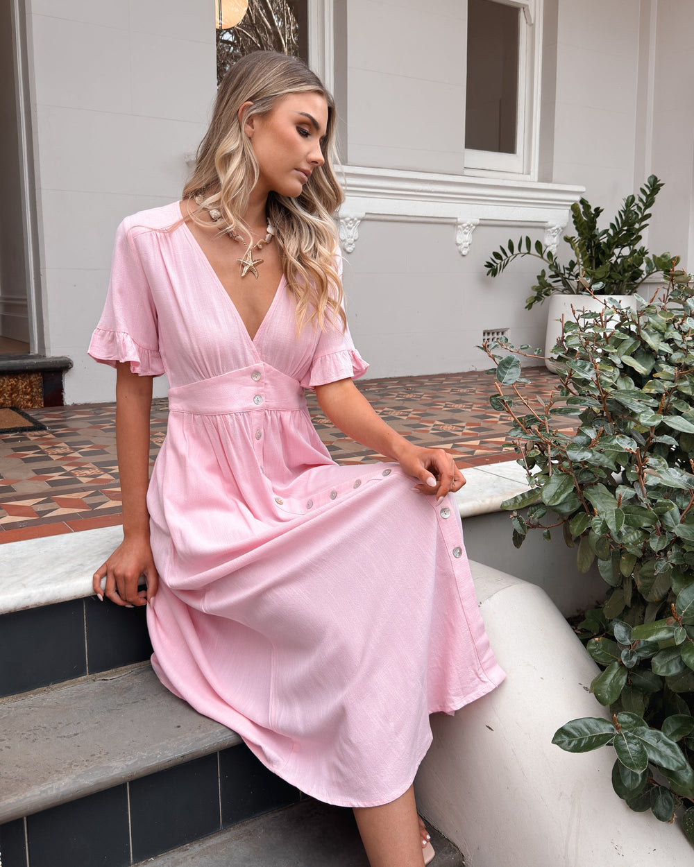 Midi Jurk | Poederroze | V-Hals | Franje Mouwen | Relaxte Pasvorm | Knoopdetails | Zomer