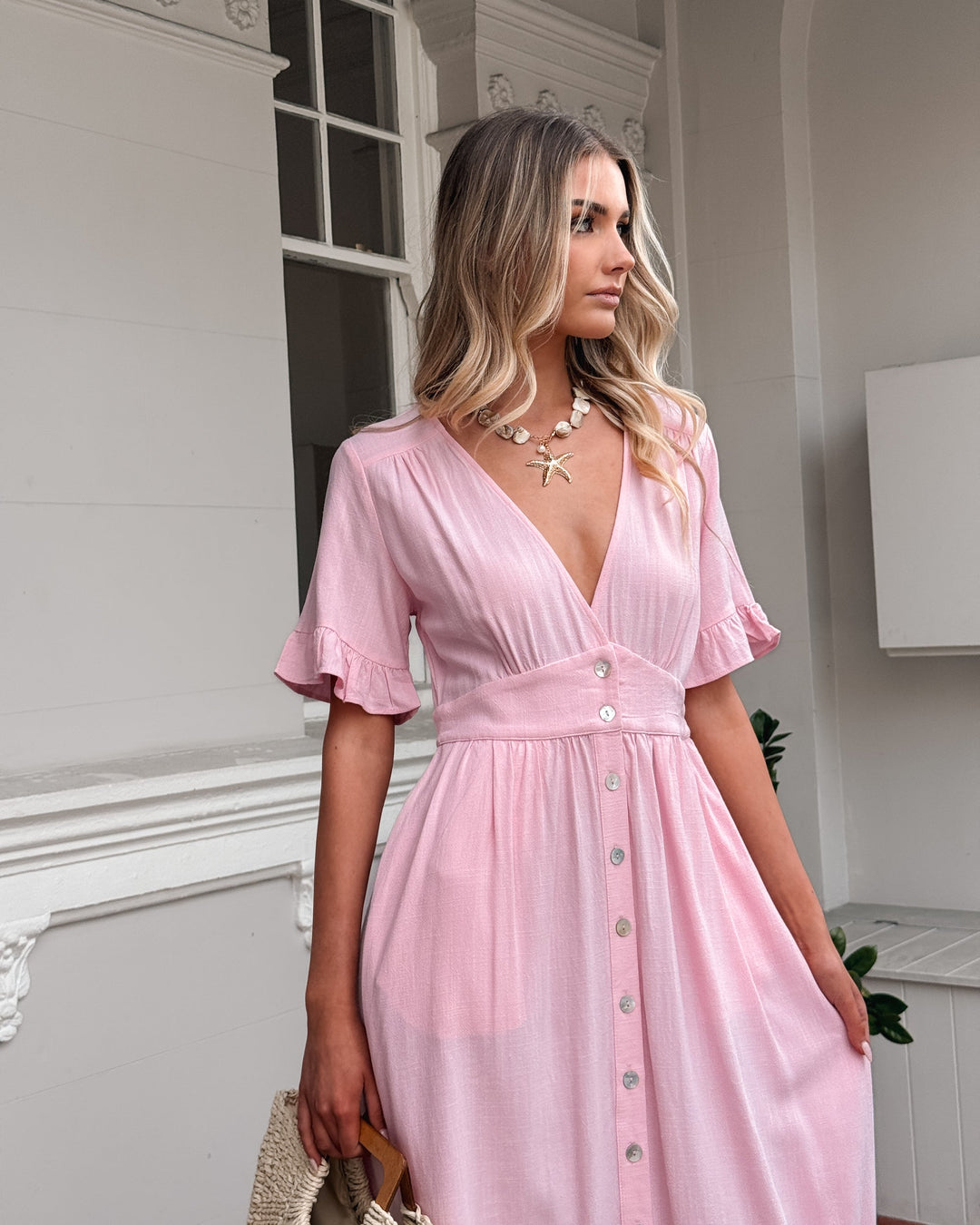 Midi Jurk | Poederroze | V-Hals | Franje Mouwen | Relaxte Pasvorm | Knoopdetails | Zomer