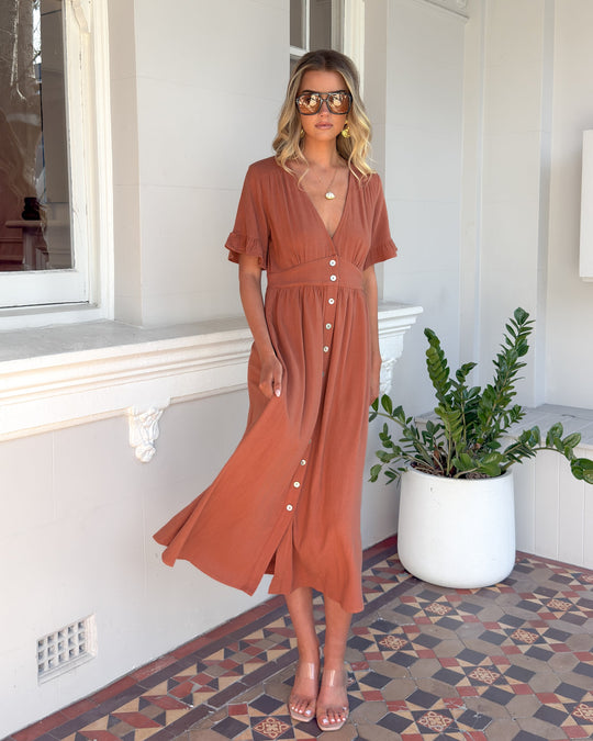 Roest | Midi Jurk | V-Hals | Franje Mouwen | Relaxte Pasvorm | Knoopdetails | Zomer