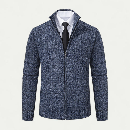 Heren Kabelgebreide Zip-Up Cardigan met Hoge Kraag en Geribde Zoom