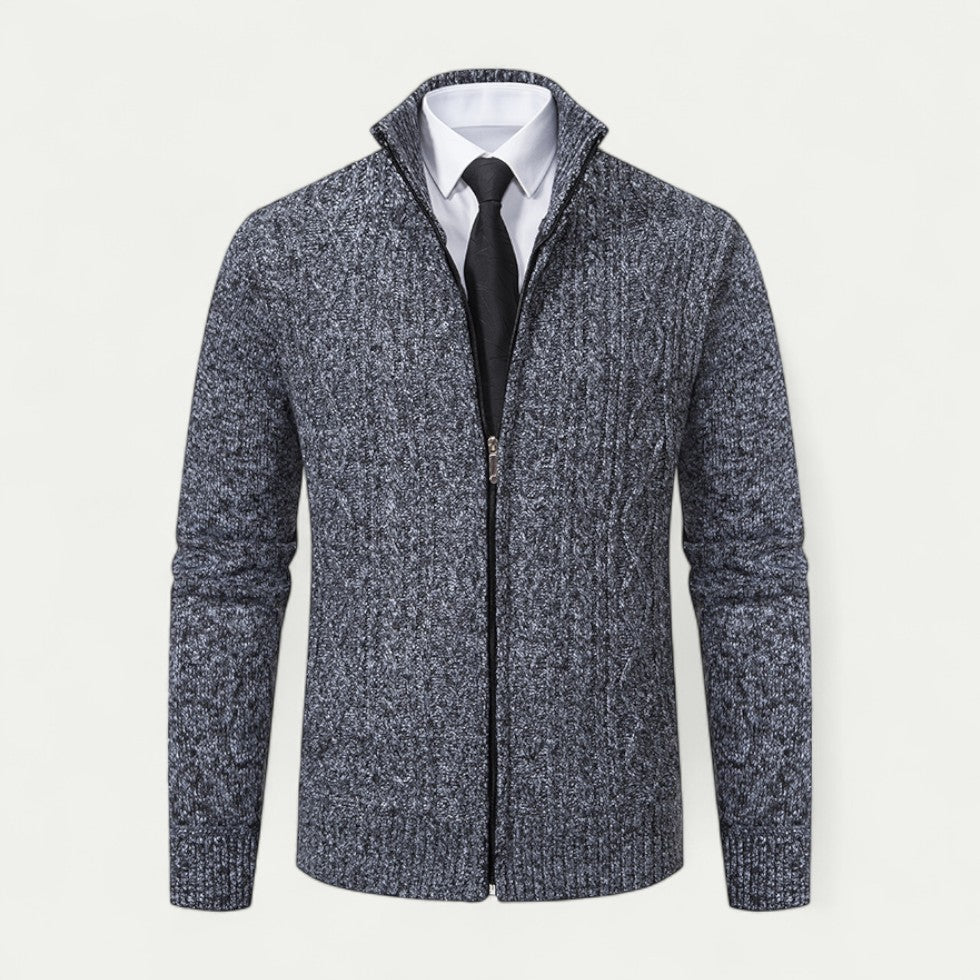 Heren Kabelgebreide Zip-Up Cardigan met Hoge Kraag en Geribde Zoom