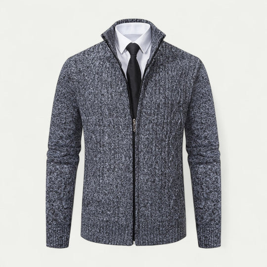 Heren Kabelgebreide Zip-Up Cardigan met Hoge Kraag en Geribde Zoom