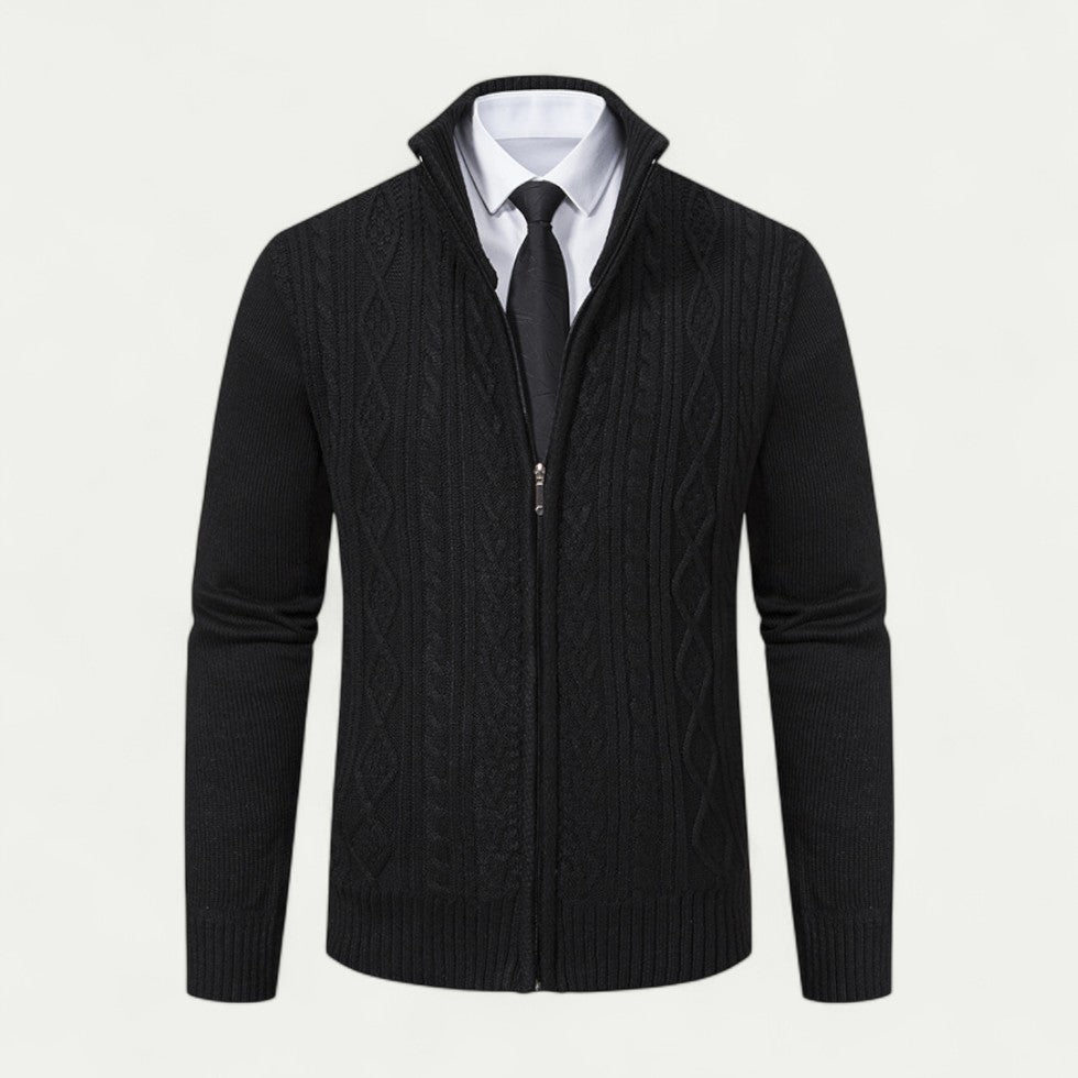 Heren Kabelgebreide Zip-Up Cardigan met Hoge Kraag en Geribde Zoom