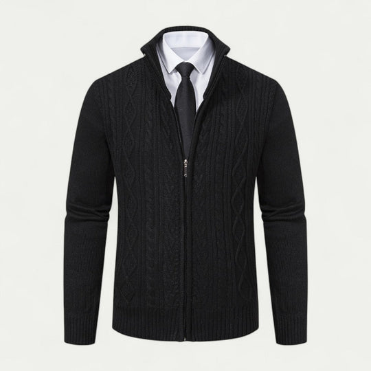 Heren Kabelgebreide Zip-Up Cardigan met Hoge Kraag en Geribde Zoom
