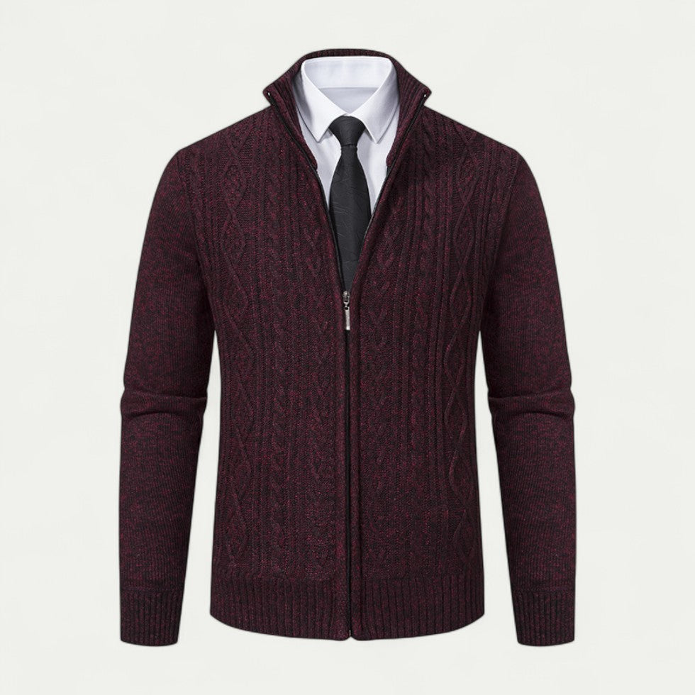 Heren Kabelgebreide Zip-Up Cardigan met Hoge Kraag en Geribde Zoom