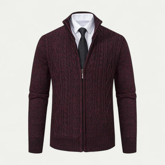 Heren Kabelgebreide Zip-Up Cardigan met Hoge Kraag en Geribde Zoom