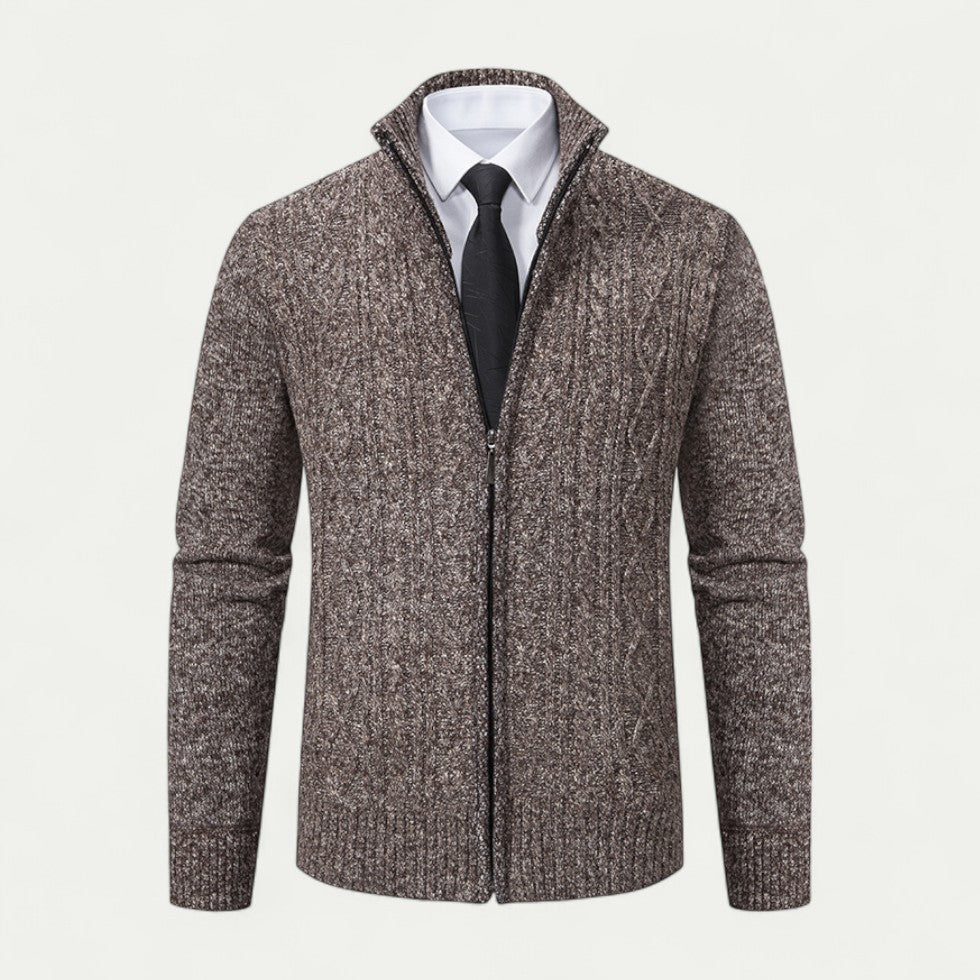 Heren Kabelgebreide Zip-Up Cardigan met Hoge Kraag en Geribde Zoom