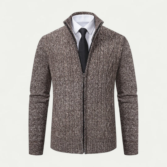 Heren Kabelgebreide Zip-Up Cardigan met Hoge Kraag en Geribde Zoom