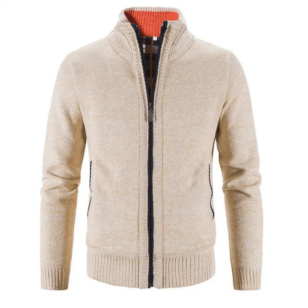 Men's Structured Zip-Up Cardigan with Faux Leather and Contrast Trim