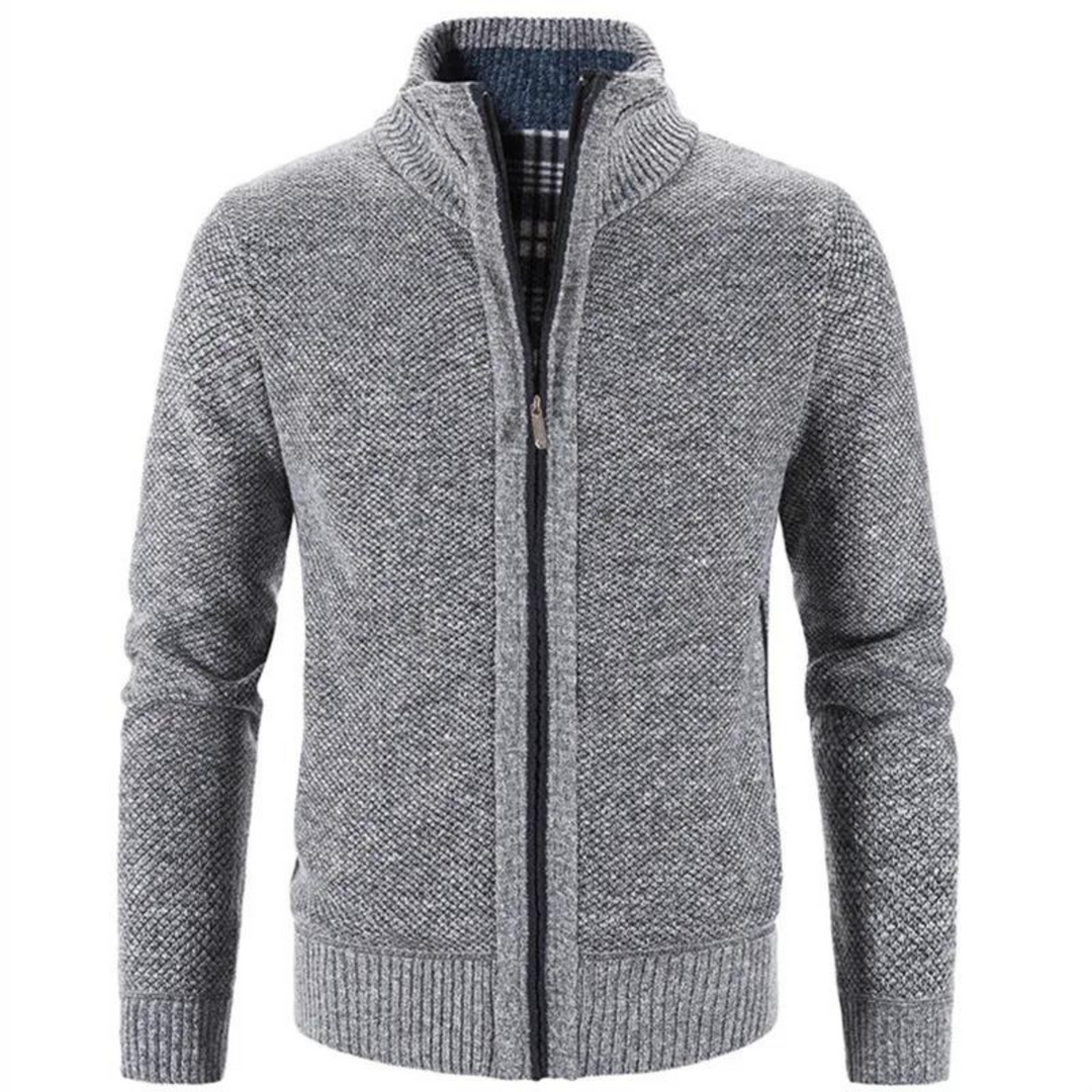 Men's Structured Zip-Up Cardigan with Faux Leather and Contrast Trim