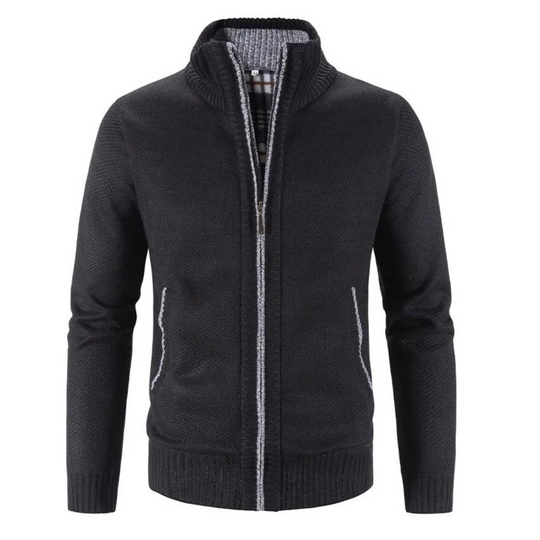 Men's Structured Zip-Up Cardigan with Faux Leather and Contrast Trim
