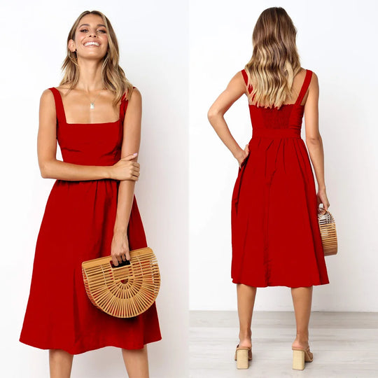 Summer women's midi dress with wide shoulder straps