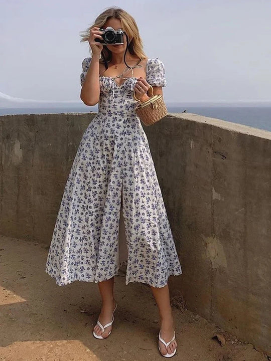 Floral pattern midi dress with exposed shoulders