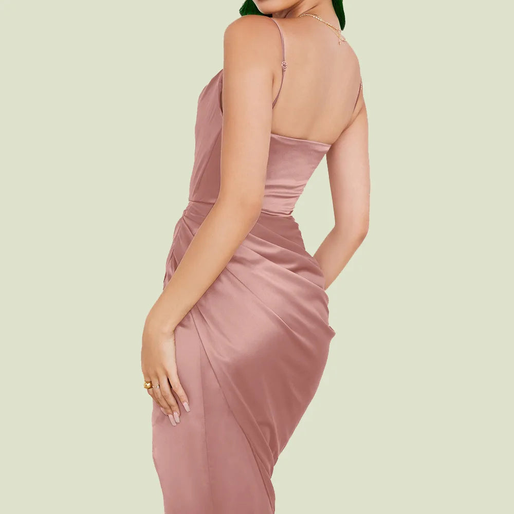 Satin Dress with Asymmetric Split and Thin Spaghetti Straps