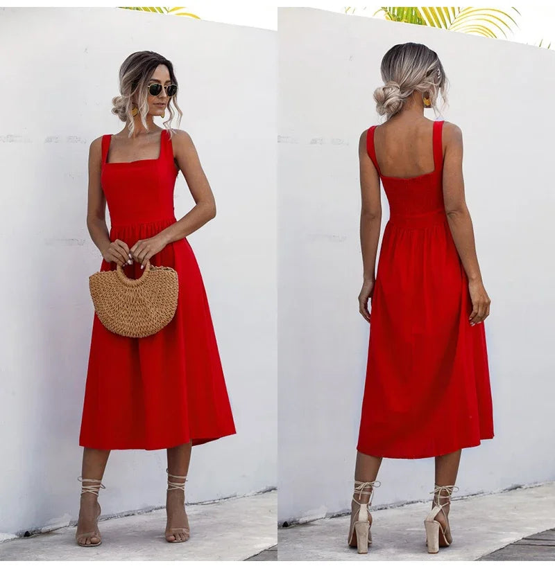 Summer Midi Dress with Square Neck